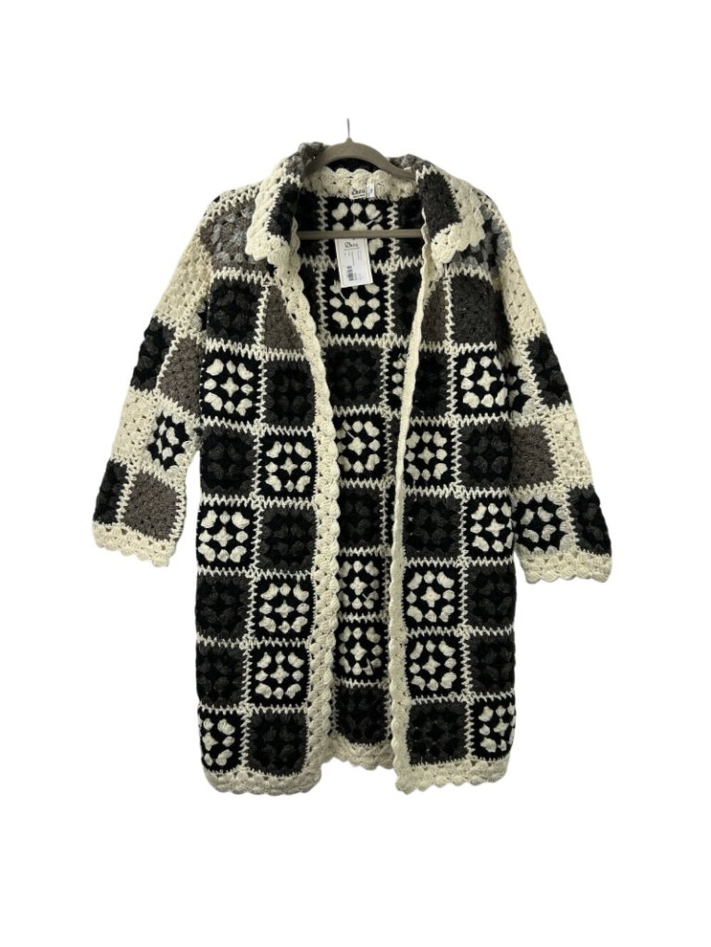Rhea Wollon Jacket 100% Wool Cardigan L/XL Open Front Collared Crochet Flowers - Picture 10 of 16